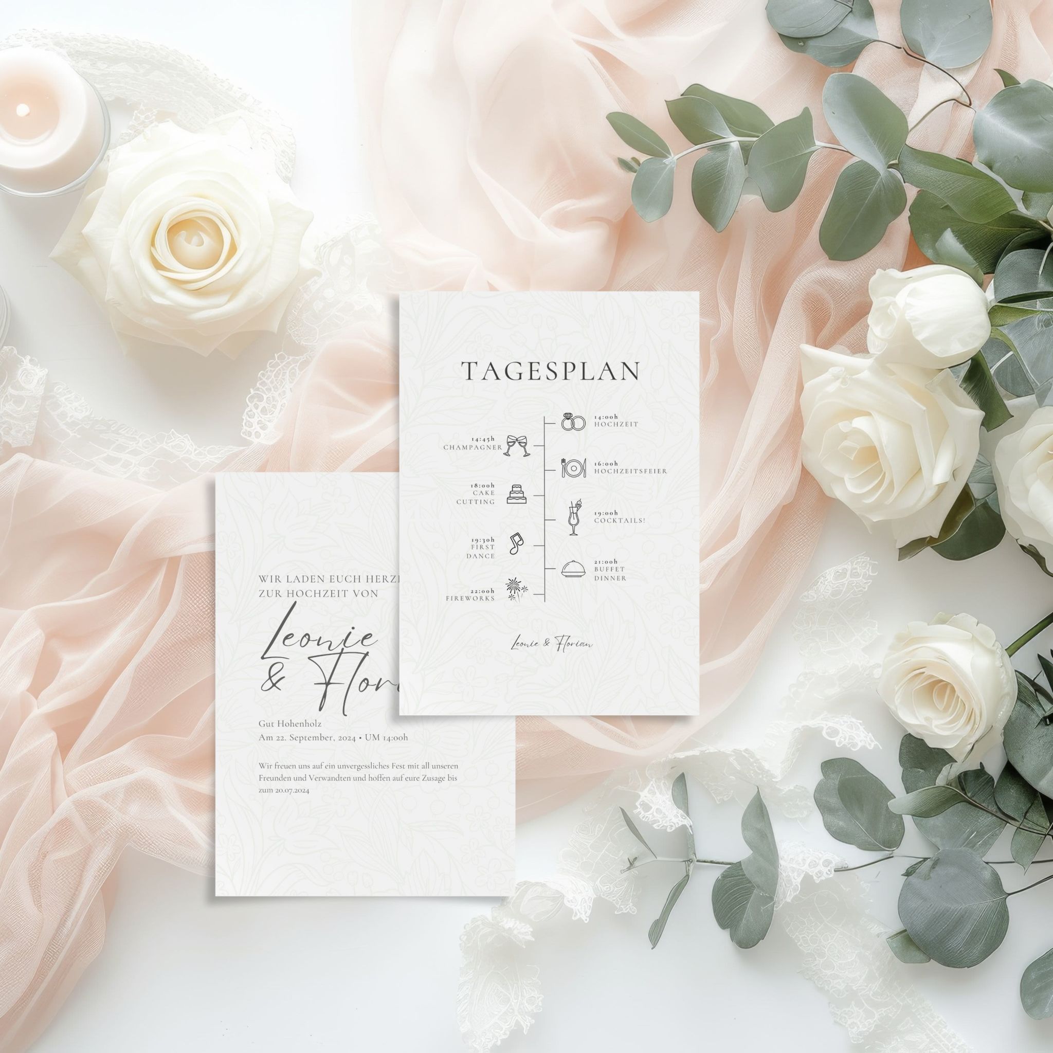 Elegante Hochzeitseinladung & Tagesplan Set