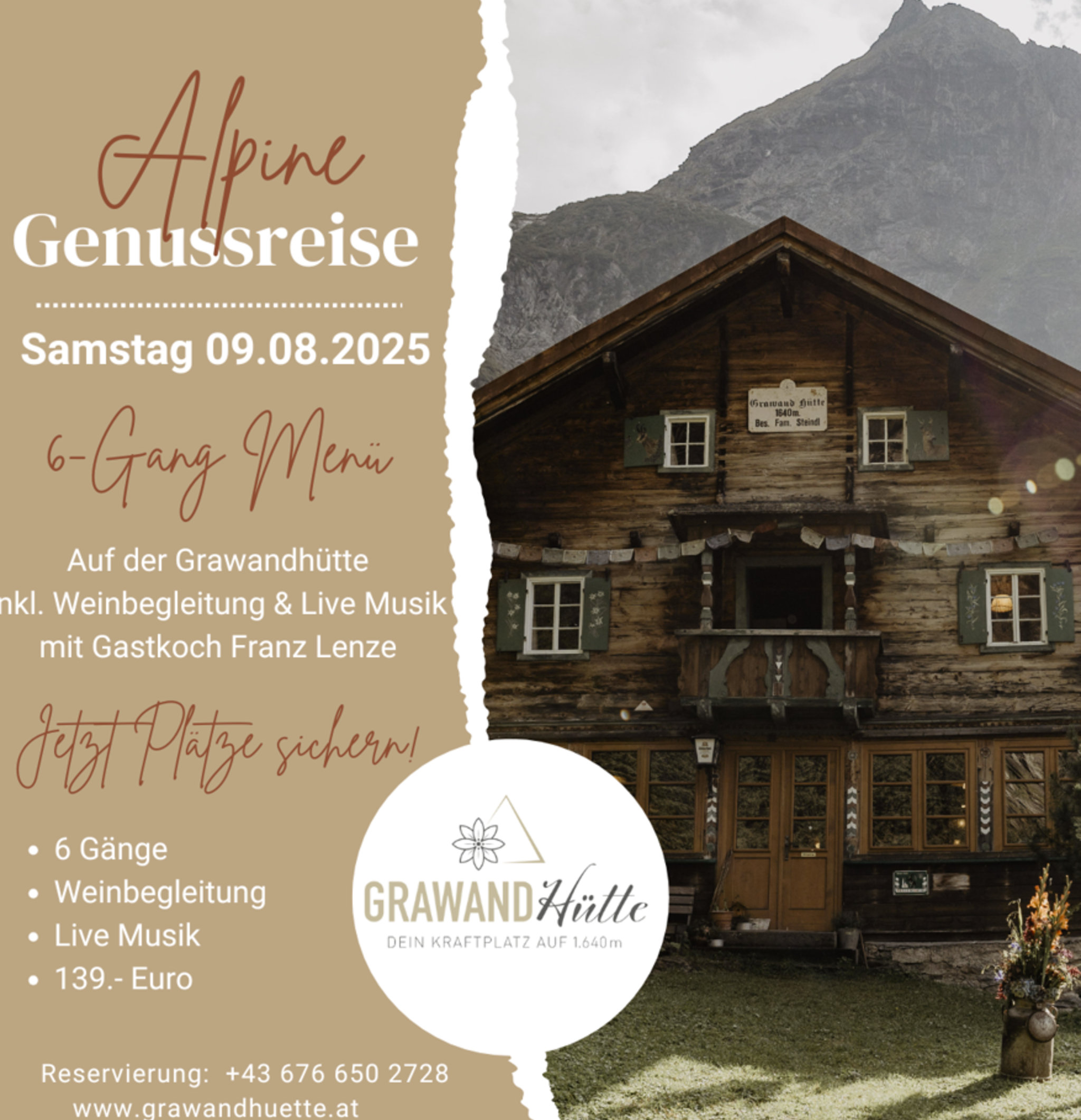 Alpine Genussreise 6-Gänge Menü mit LiveMusik und Weinbegleitung am 09.08.2025