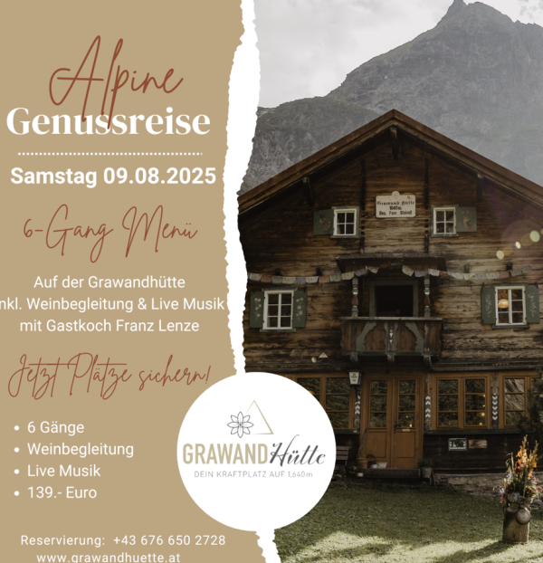 Alpine Genussreise 6-Gänge Menü mit LiveMusik und Weinbegleitung am 09.08.2025